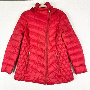 Michael Kors Packable Down Fill Jacket Size Large Red Hooded Full Zip Quilted